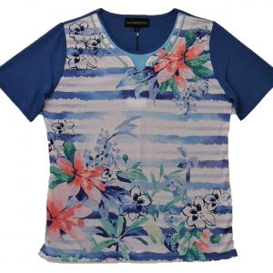 Ladies T shirt royal blue with tropical flowers
