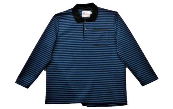 Mens open back polo long sleeve blue and black stripes